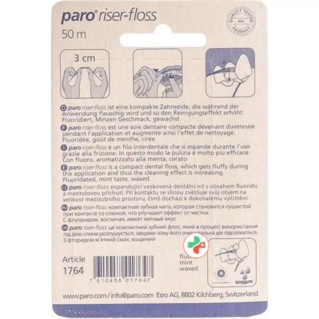 Paro Riser Floss 50m Gewachst Mint mit Fluorid Paro Riser Floss 50m Gewachst Mint mit Fluorid